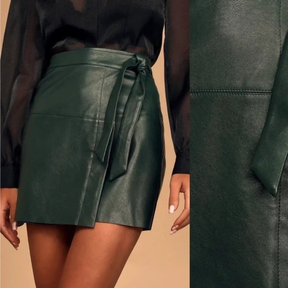 Lulus Daydream With Me Forest Green Vegan Leather Wrap Mini Skirt - Picture 2 of 7
